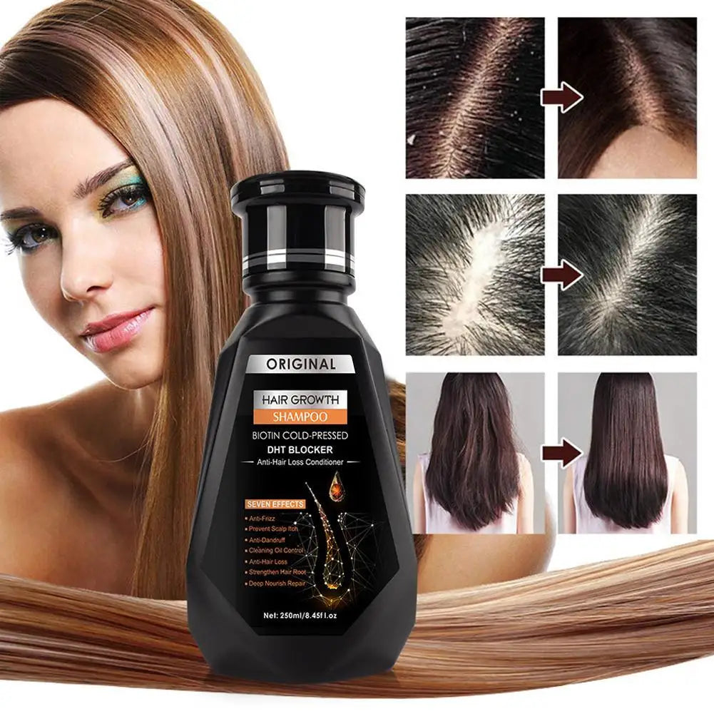 Hair growth product with before and after images on a woman's hair