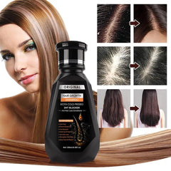 Hair growth product with before and after images on a woman's hair