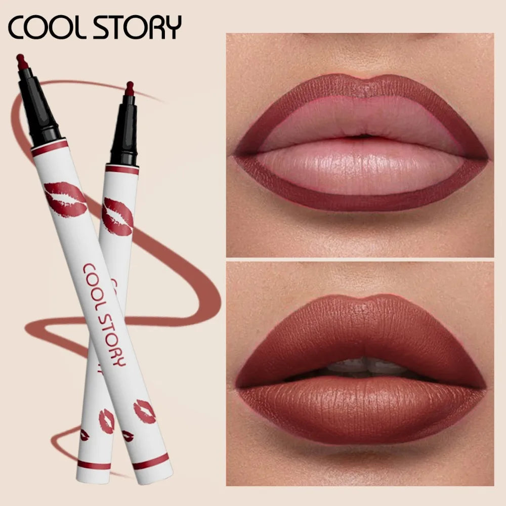 Lip liner with 'Cool Story' branding, applied on lips with close-up shots.