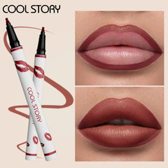 Lip liner with 'Cool Story' branding, applied on lips with close-up shots.