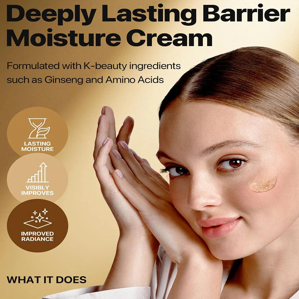 Advertisement for Deeply Lasting Barrier Moisture Cream with a woman applying cream to her face.