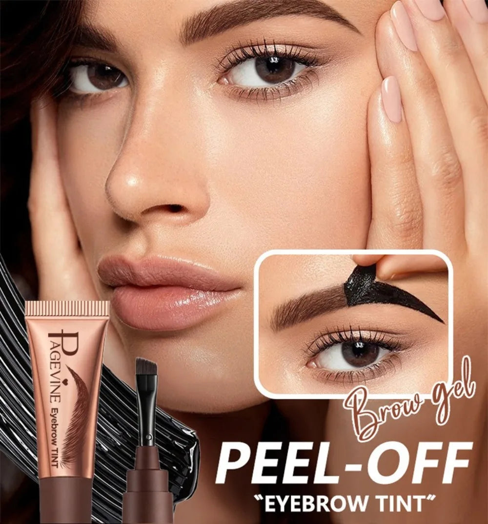 Woman applying brow gel with a close-up of the product and text 'PEEL-OFF EYEBROW TINT'.