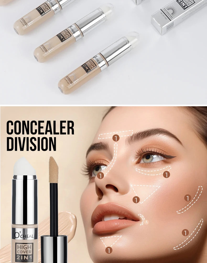 Makeup products including concealers and a lipstick with a focus on concealer application on a beige background.