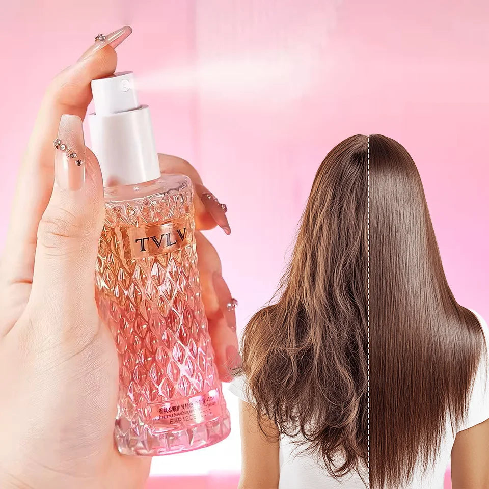 Person holding a bottle of TVLV hair product with a side view of hair on a pink background