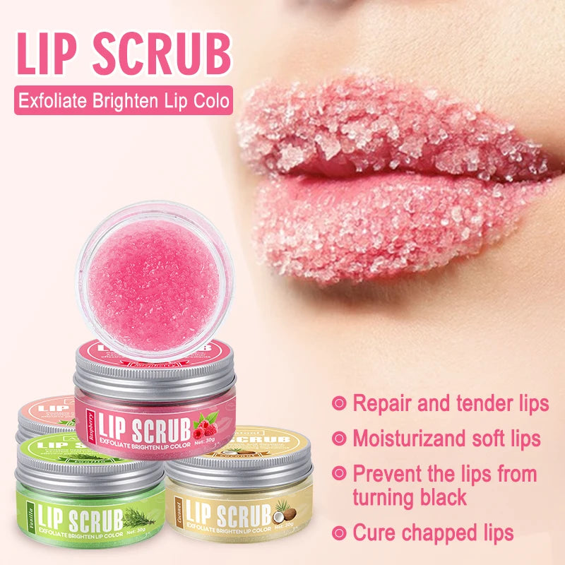 Lip scrub product with a close-up of lips being exfoliated, showing pink exfoliating particles.