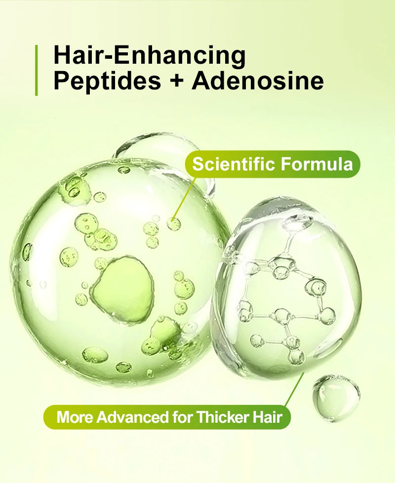 Advertisement for hair-enhancing peptides with molecular graphics on a green background