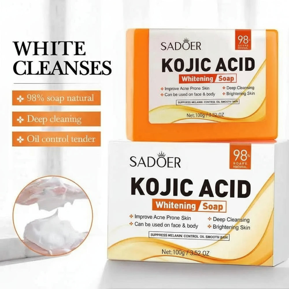 Sadoer Kojic Acid Whitening Soap packaging with product and box on a white background