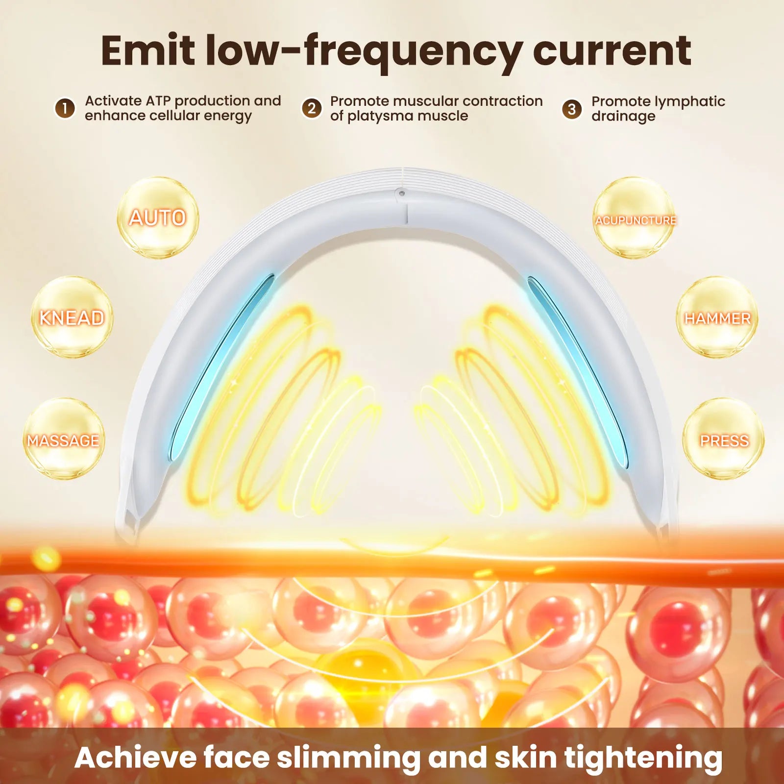 Electrotherapy device with text on face slimming and skin tightening benefits on a beige background.