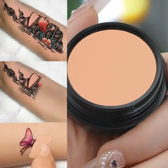 Collage of tattoos on arms and a makeup compact.