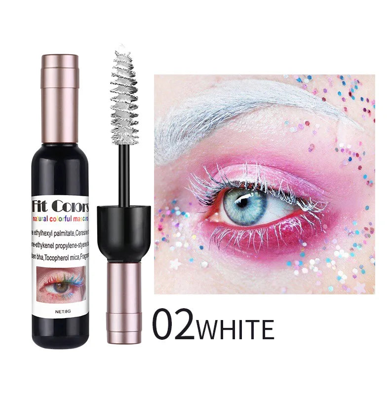 Mascara with applicator and close-up of eye wearing the product, labeled '02 White'.