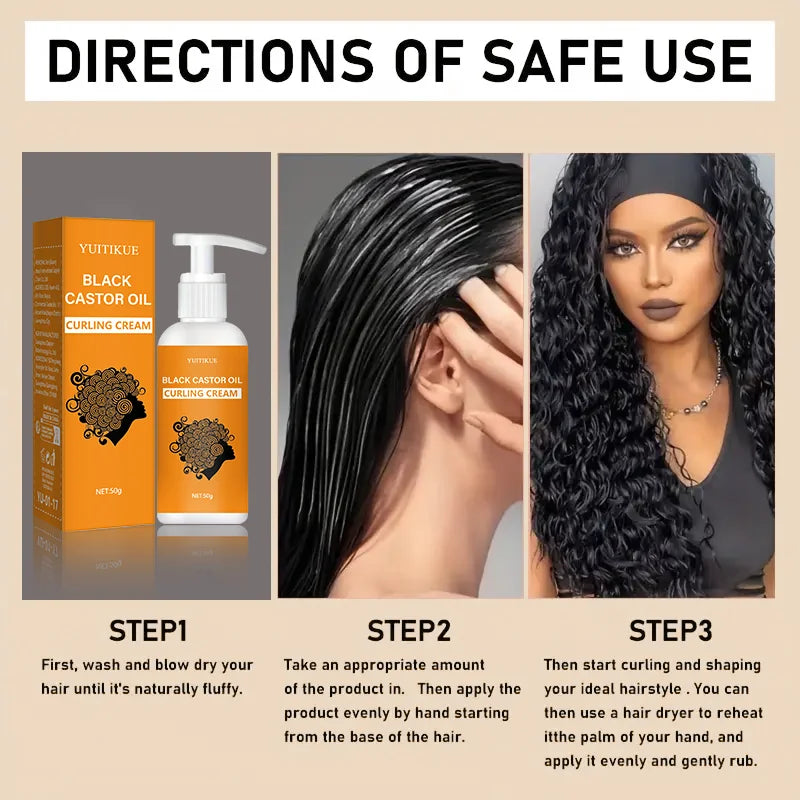 Hair care product instructions with images of packaging, application process, and results.