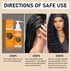 Hair care product instructions with images of packaging, application process, and results.