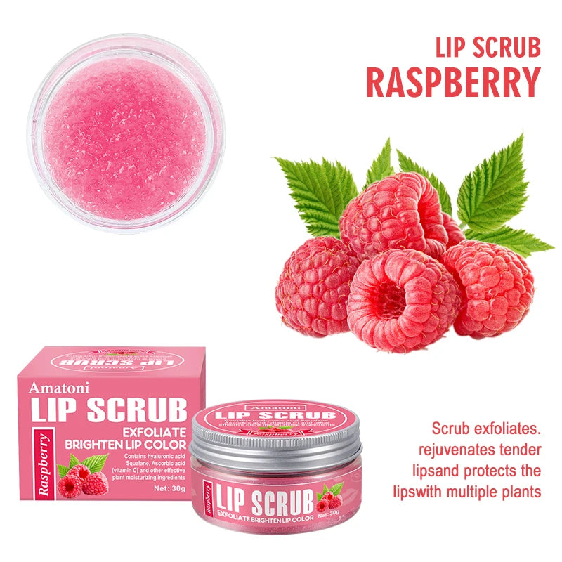 Amatoni Raspberry Lip Scrub with packaging, raspberries, and leaves on a white background