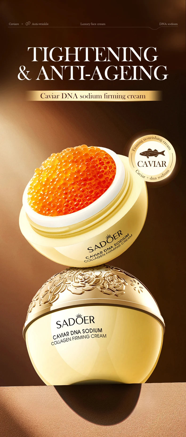 Sadoer caviar DNA sodium firming cream with caviar on top against a brown background
