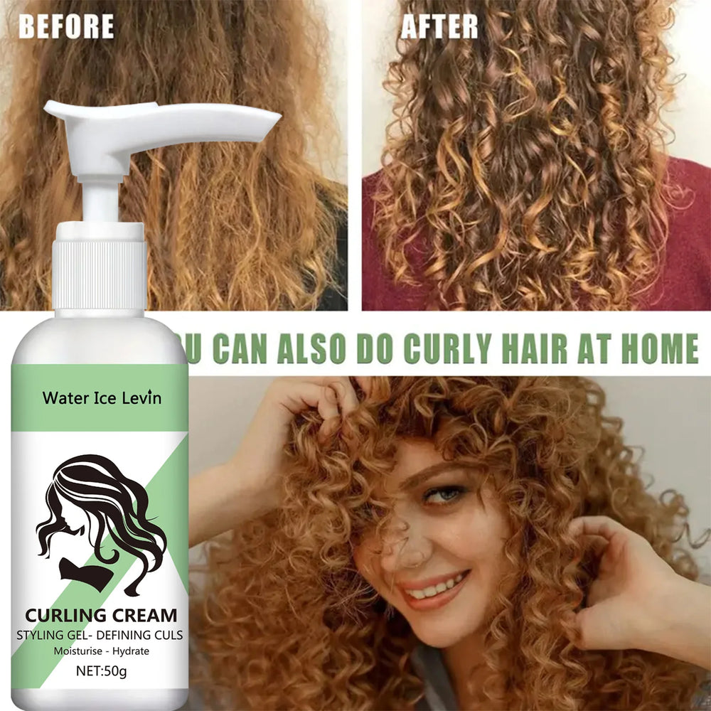 Before and after comparison of curly hair with a bottle of Water Ice Levin Curling Cream.