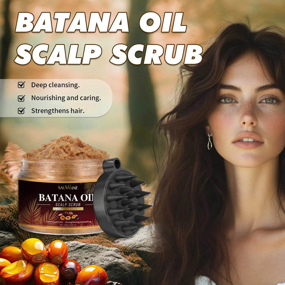 Batana Oil Scalp Scrub with a jar, brush, and berries on a natural background