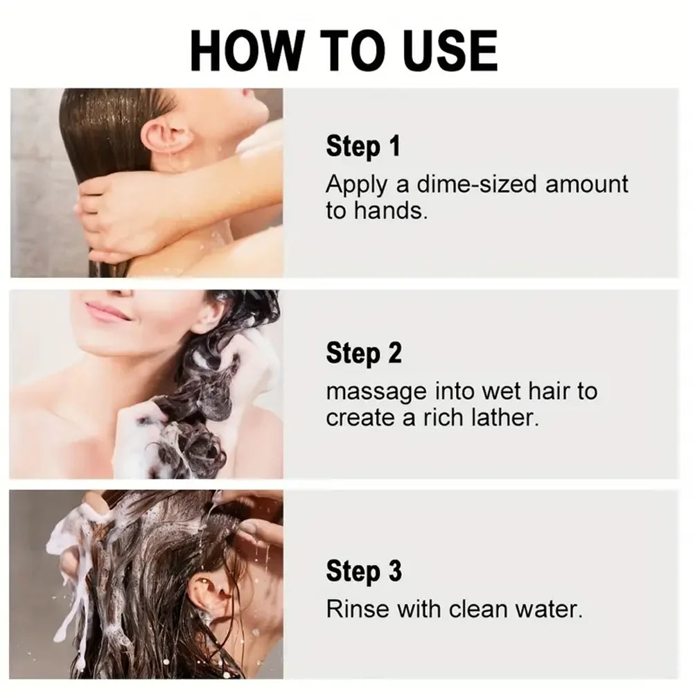 Instructions on how to use a hair care product with step-by-step visuals.