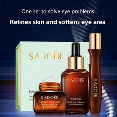 SADOER eye care product set with bottles and a box on a dark background