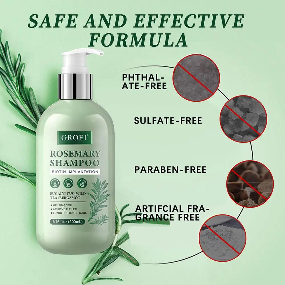 Groei Rosemary Shampoo bottle with safety features on a green background