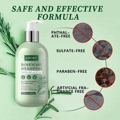 Groei Rosemary Shampoo bottle with safety features on a green background