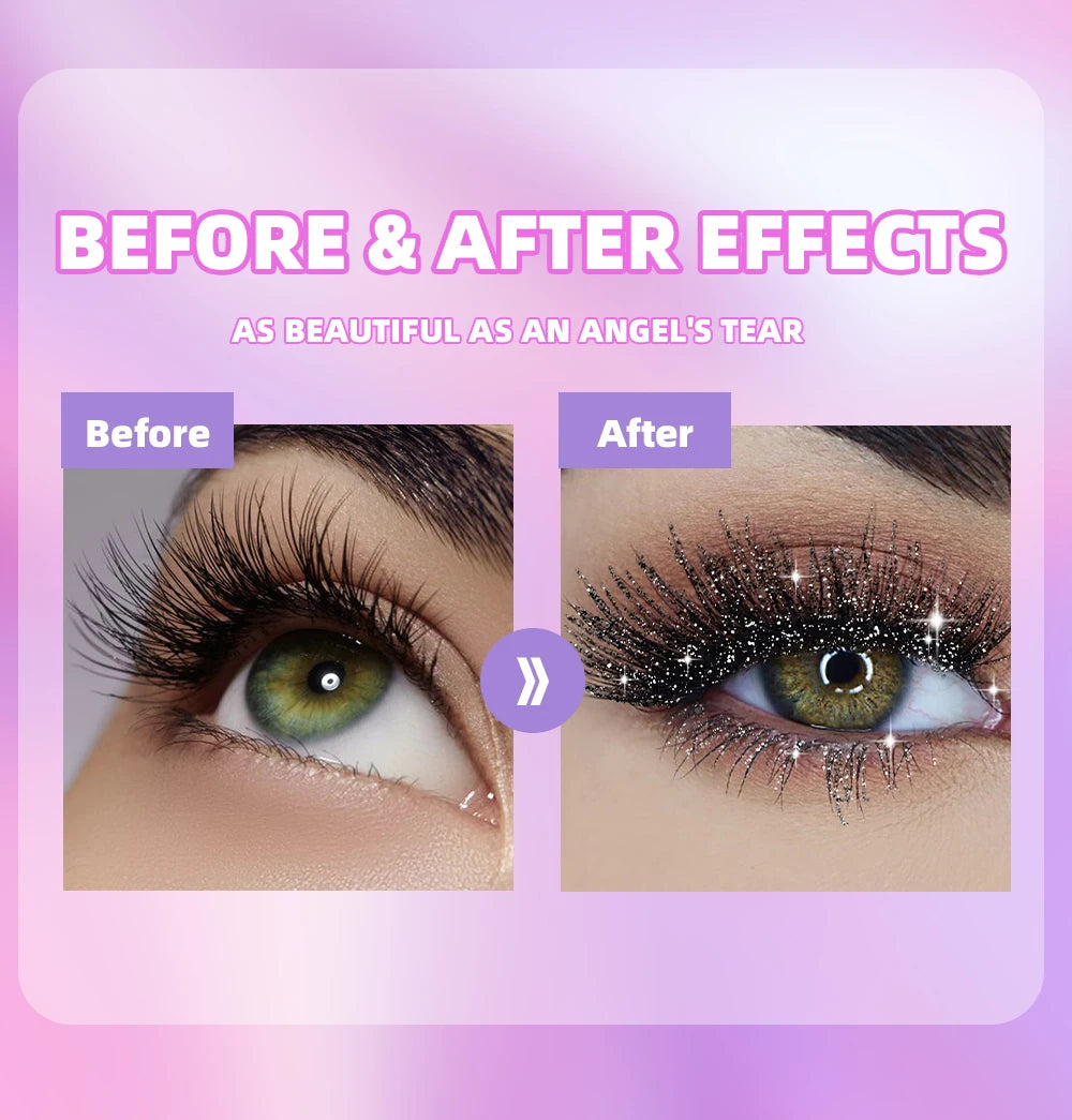 Before and after effect of false eyelashes on a person's eye with a pink gradient background.