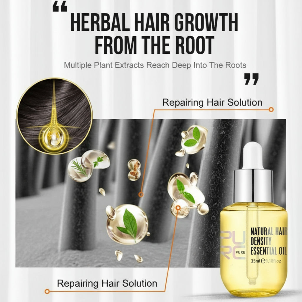 Hair growth product with oil droplets and text about herbal hair growth from the root.