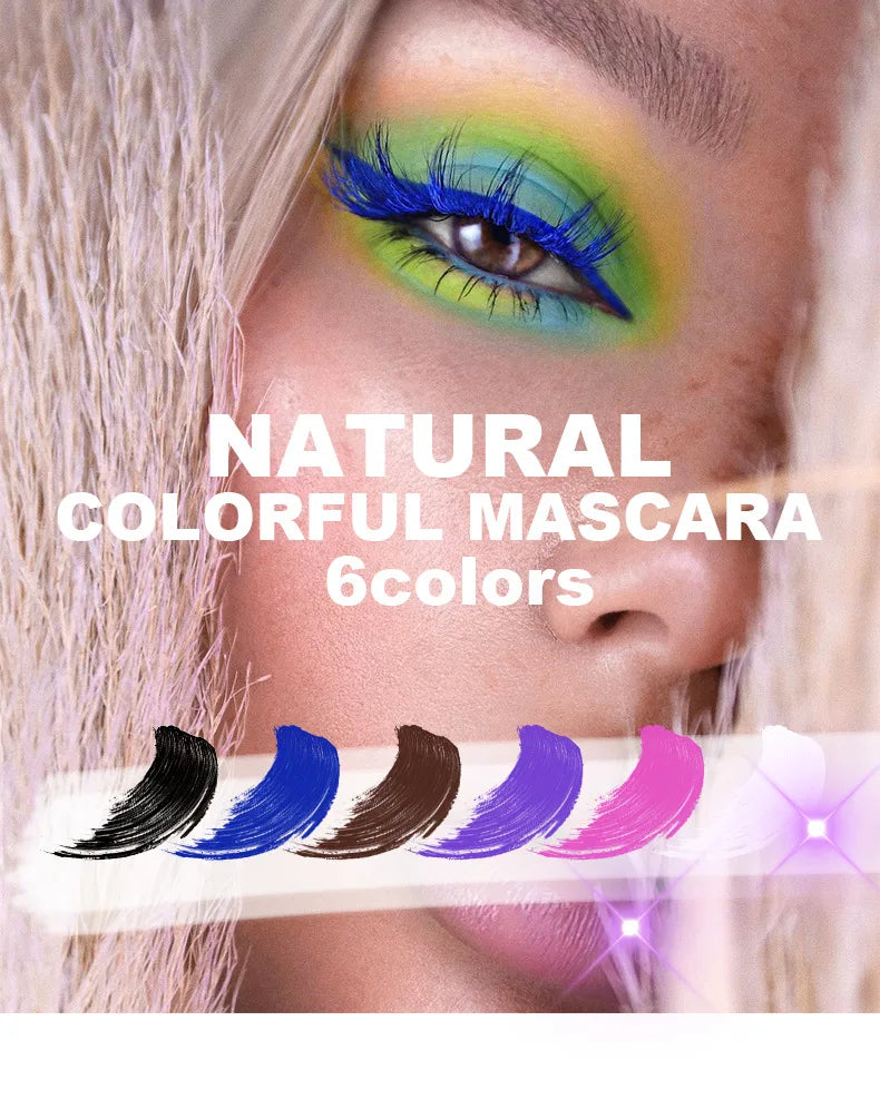 Mascara with colorful applicators and a close-up of a woman's eye with multicolored makeup.