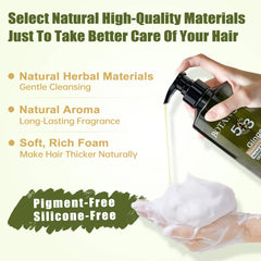 Hand holding a bottle of hair care product with text highlighting natural ingredients and benefits.