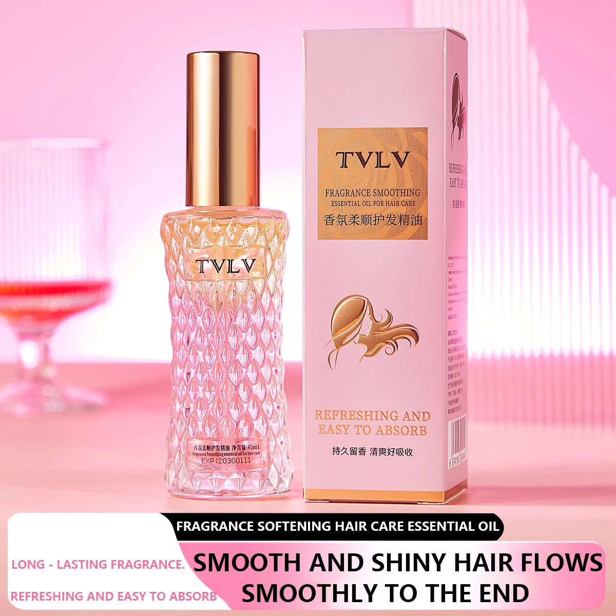 TVLV hair care essential oil bottle and box on a pink background