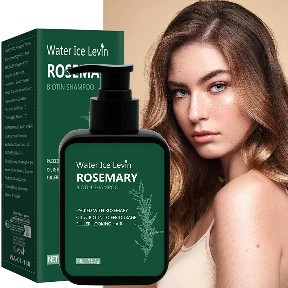 Water Ice Levin Rosemary Biotin Shampoo with packaging and a model with styled hair.