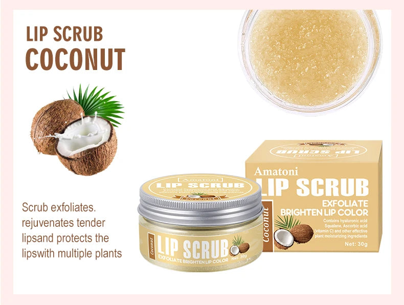 Amatoni Lip Scrub Coconut with packaging and ingredients on a pink background