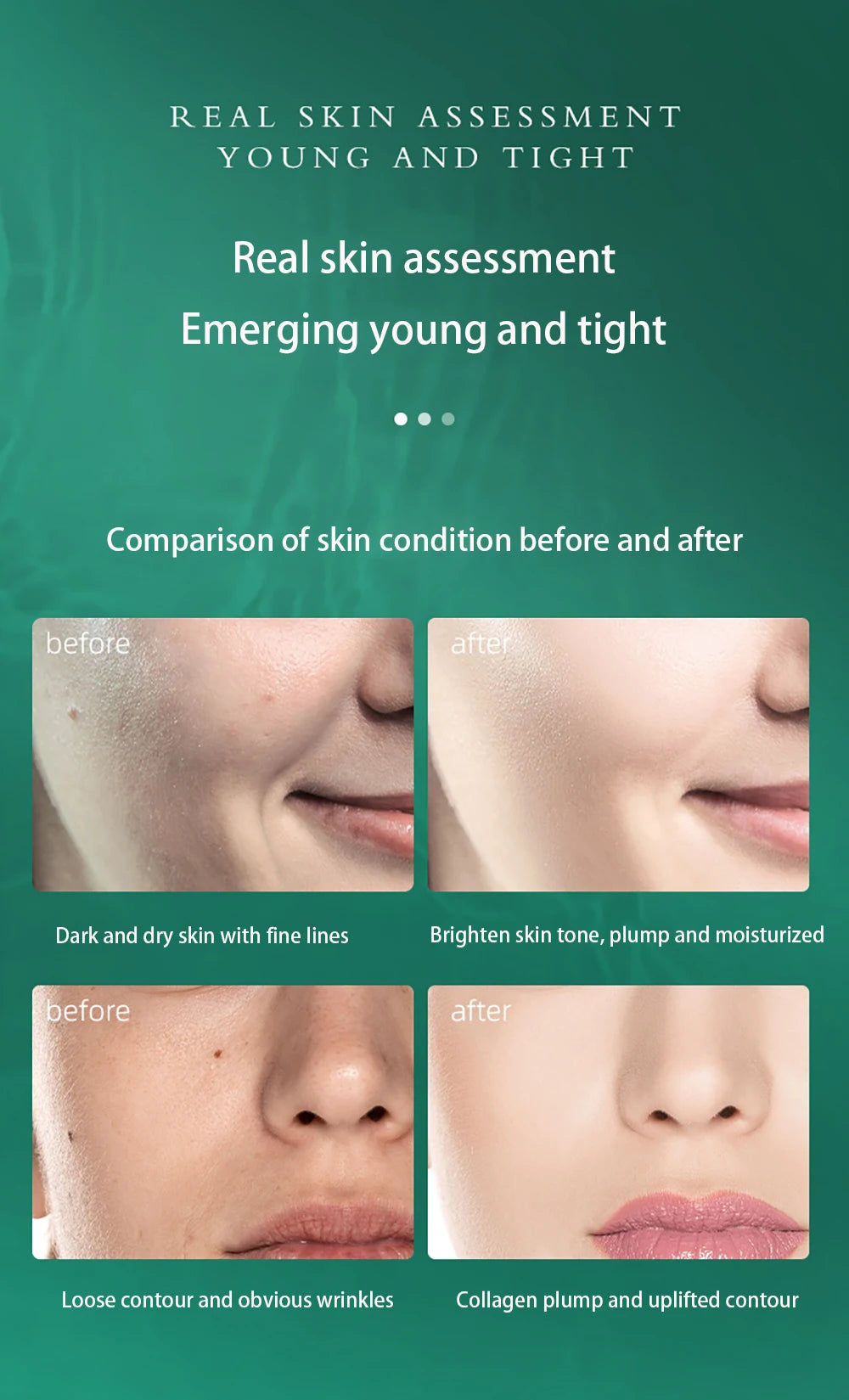 Real skin assessment showing before and after effects on skin condition.