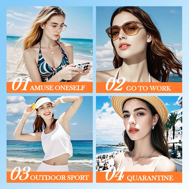 Four scenarios with women in different settings: beach, city, outdoor sports, and quarantine.