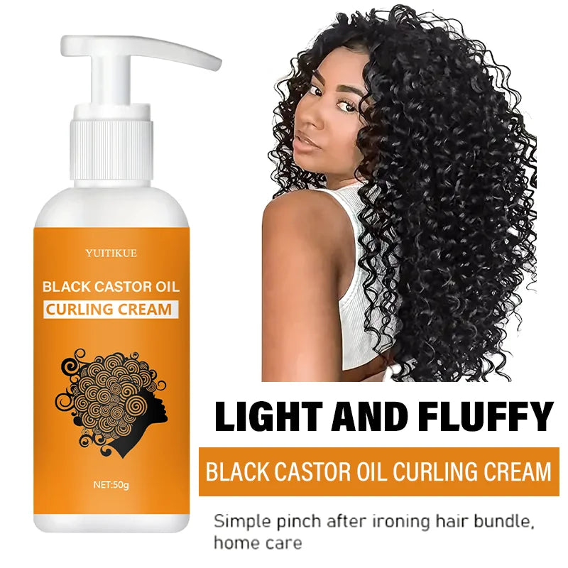 Black Castor Oil Curling Cream bottle with a woman with curly hair on a white background