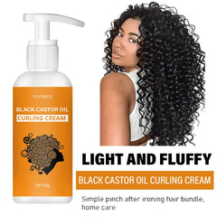 Black Castor Oil Curling Cream bottle with a woman with curly hair on a white background