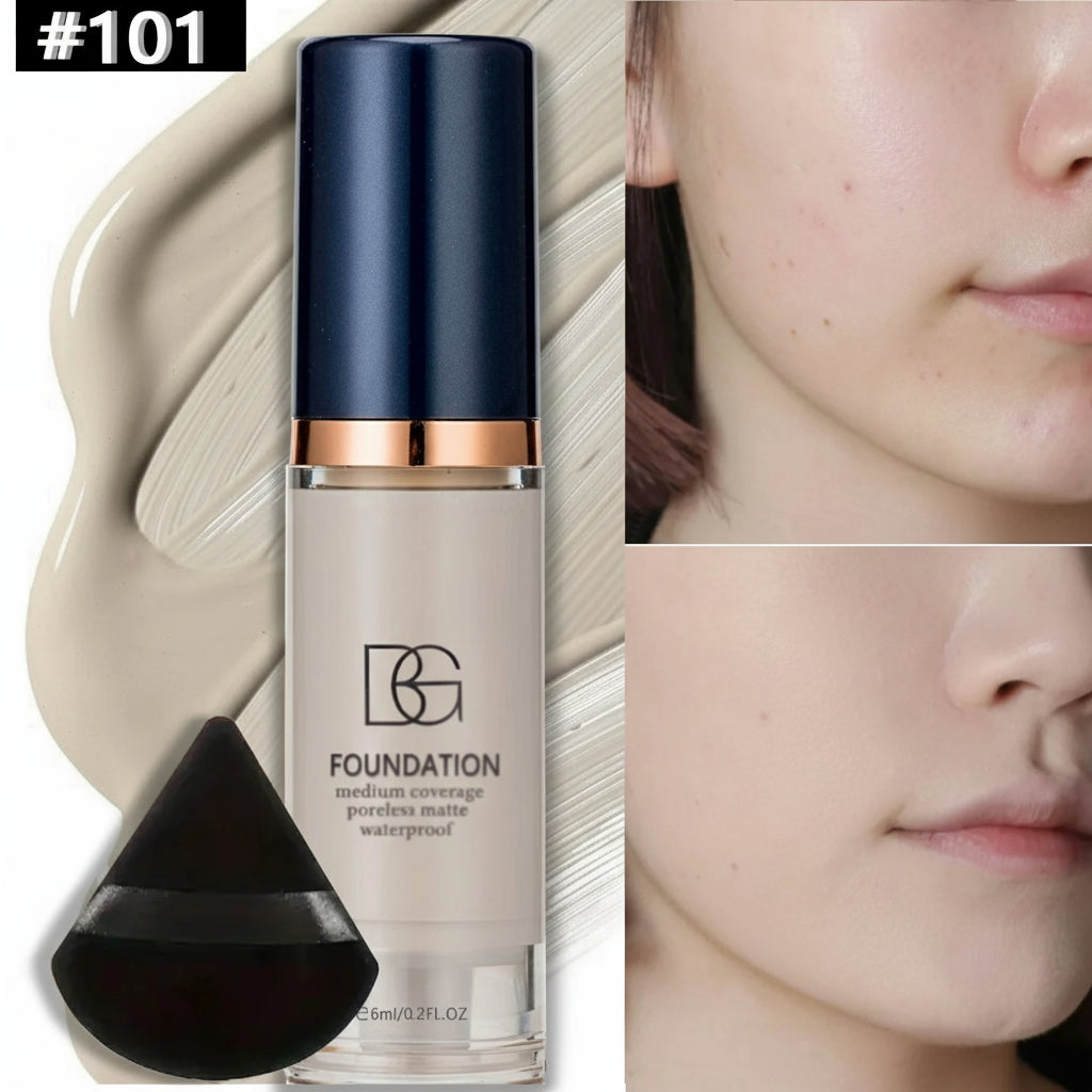 Foundation bottle with applicator and close-up of skin texture