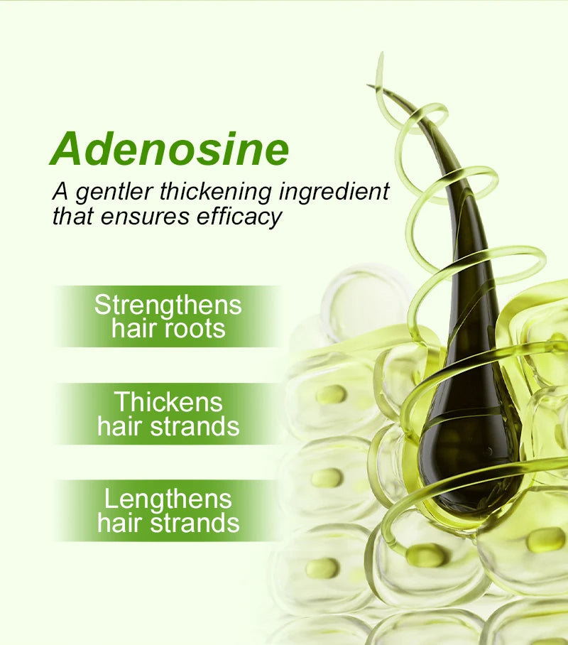 Advertisement for adenosine with text about hair care benefits and a droplet of oil.