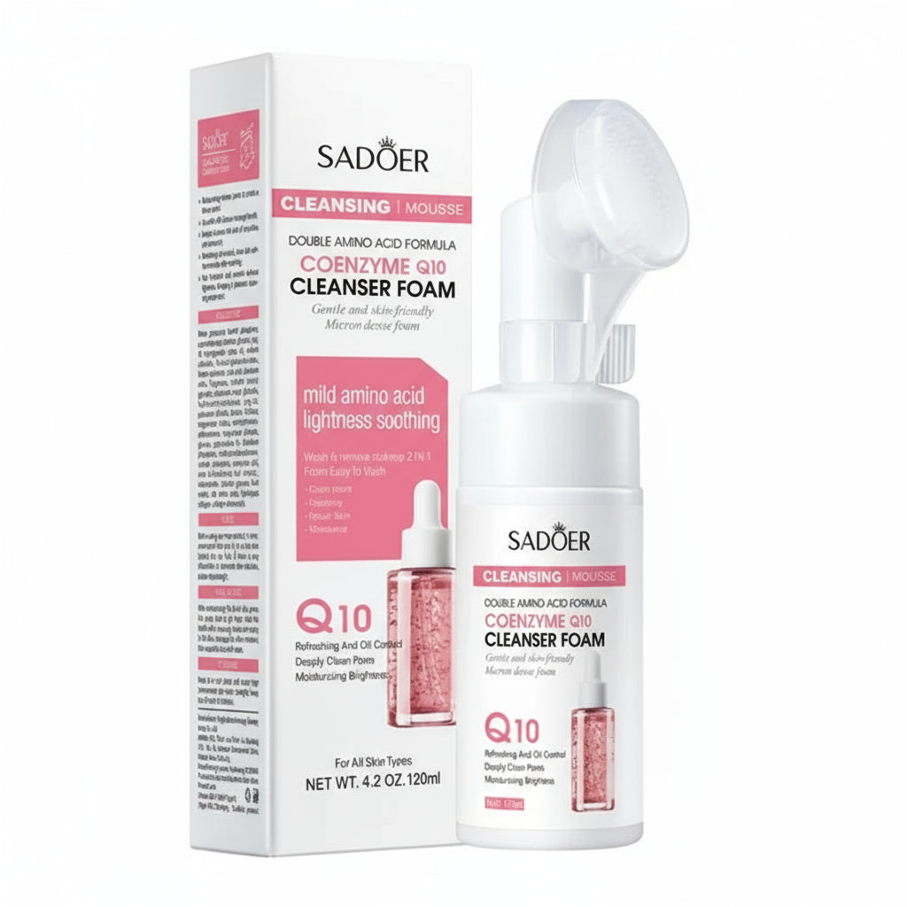 Sadoer Coenzyme Q10 Cleanser Foam packaging and bottle on a white background