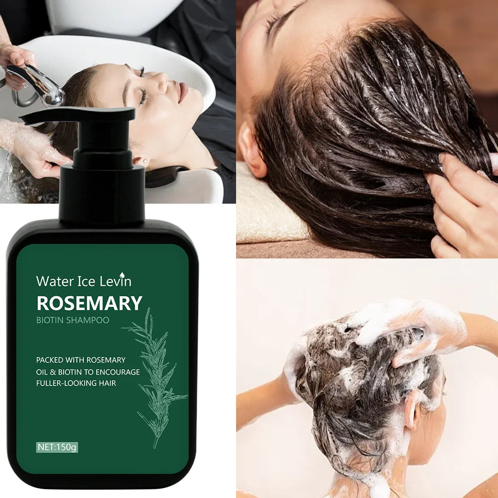 Bottle of Water Ice Levin Rosemary Biotin Shampoo with people getting hair washed and shampooing hair.
