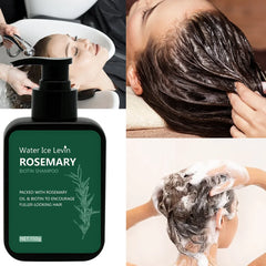 Bottle of Water Ice Levin Rosemary Biotin Shampoo with people getting hair washed and shampooing hair.