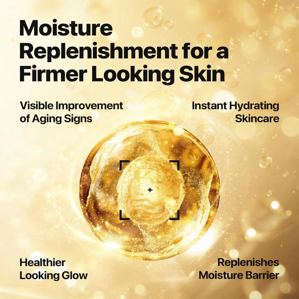 Advertisement for skincare product with text about moisture replenishment and skin benefits on a gold background.