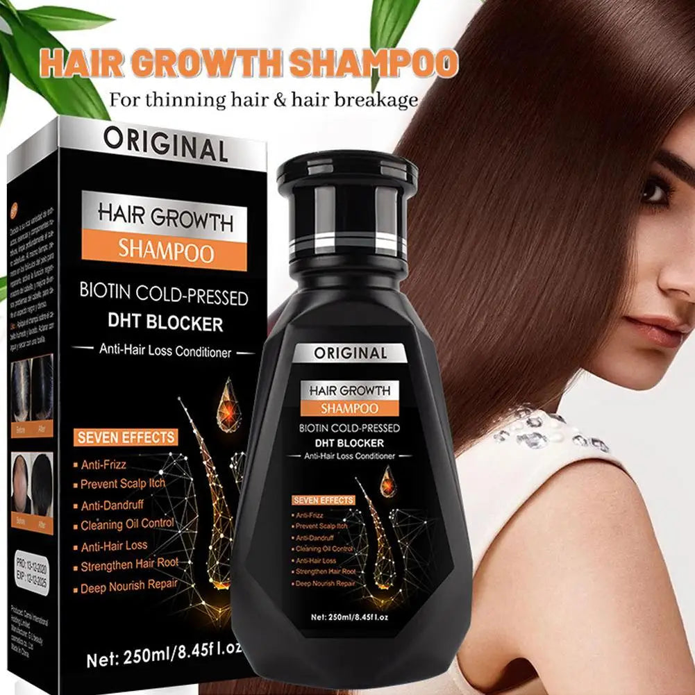 Hair growth shampoo with packaging and a woman with long hair.