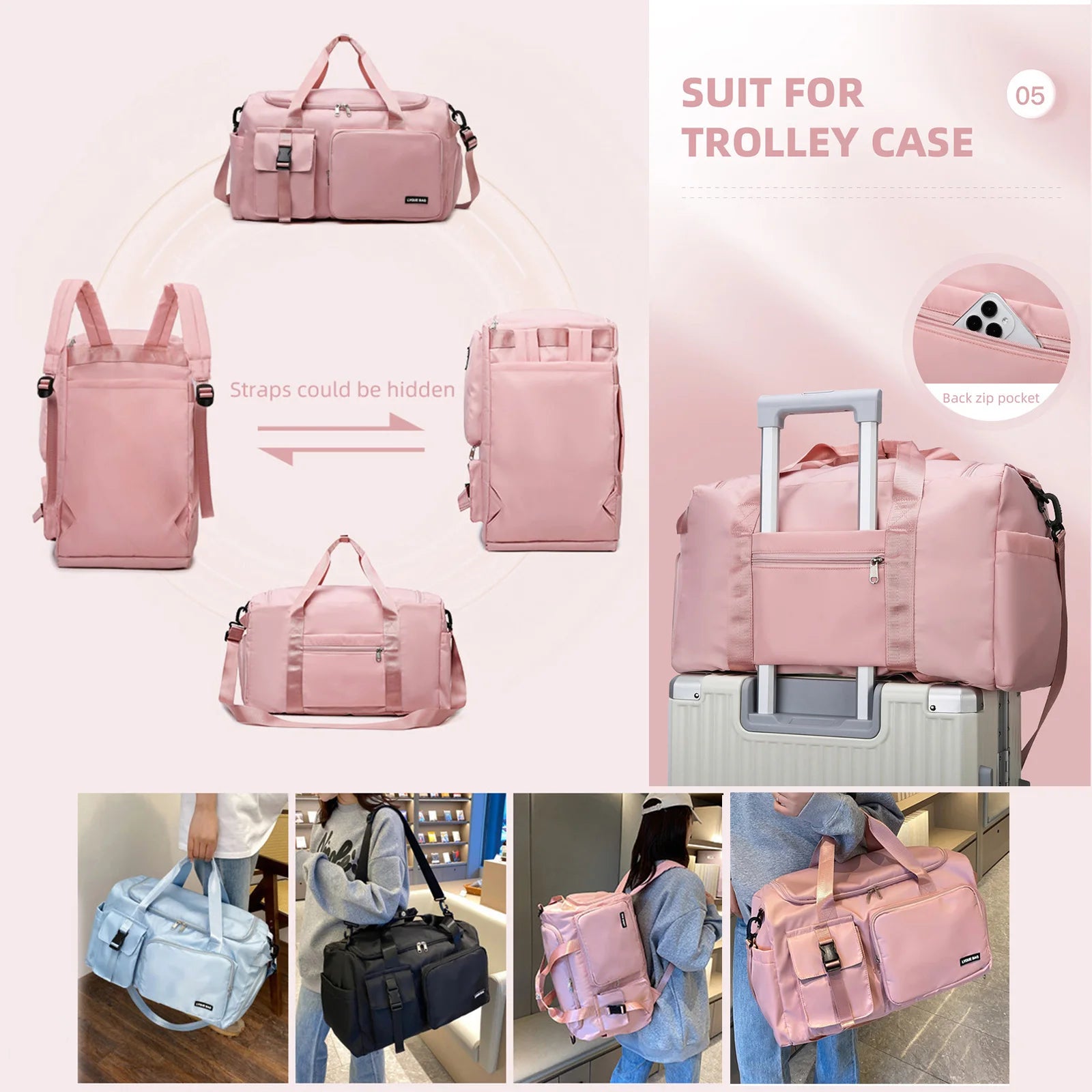 Collage of pink duffel bag in various settings with text indicating its suitability for trolley cases.