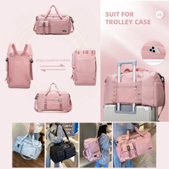 Collage of pink duffel bag in various settings with text indicating its suitability for trolley cases.