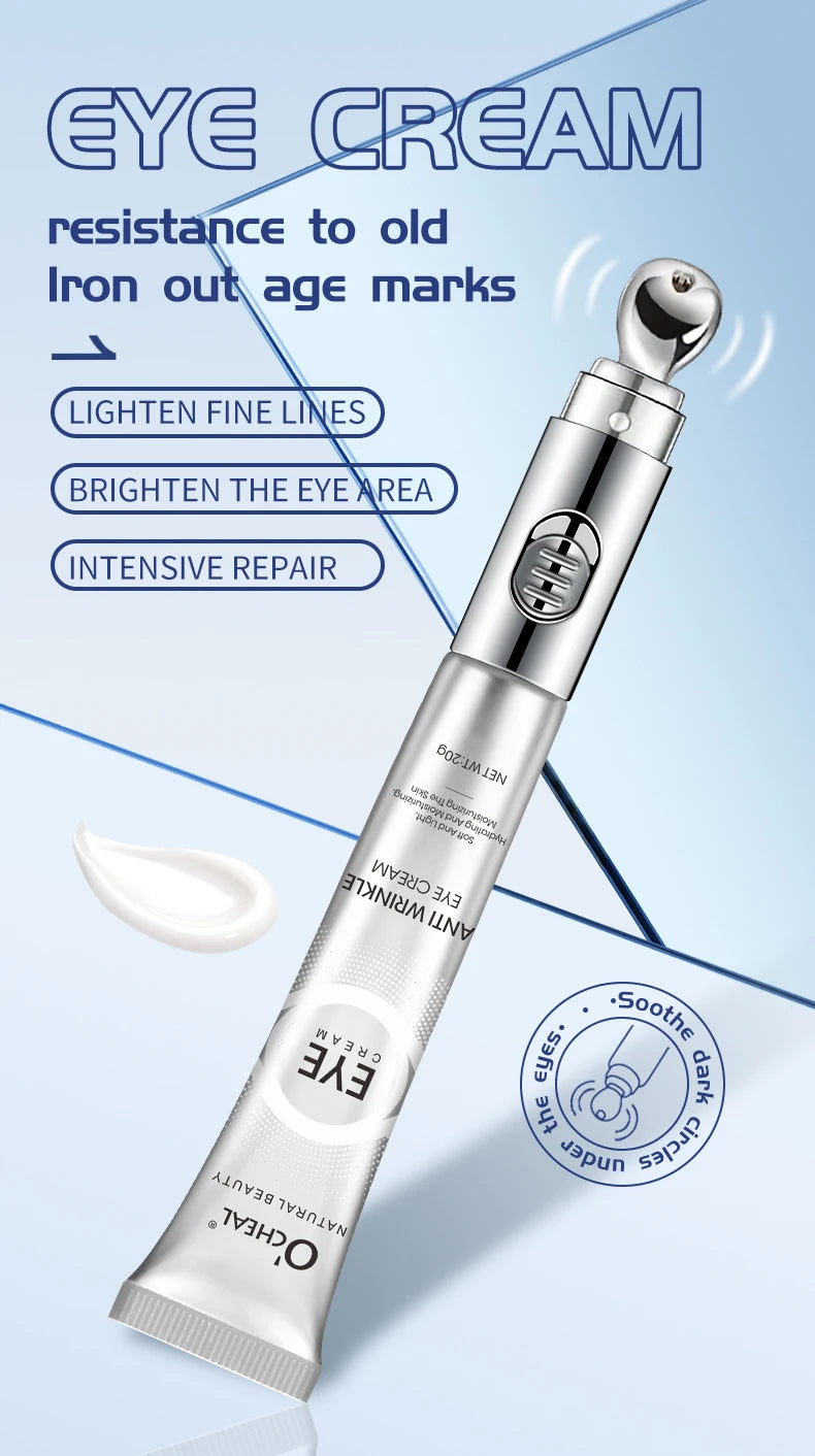 Eye cream with applicator on a light blue background