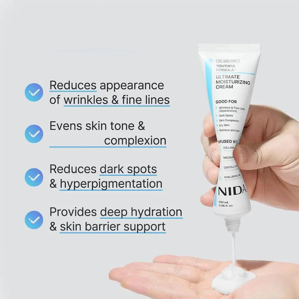 Nida Ultimate Moisturizing Cream tube with benefits listed on a light gray background
