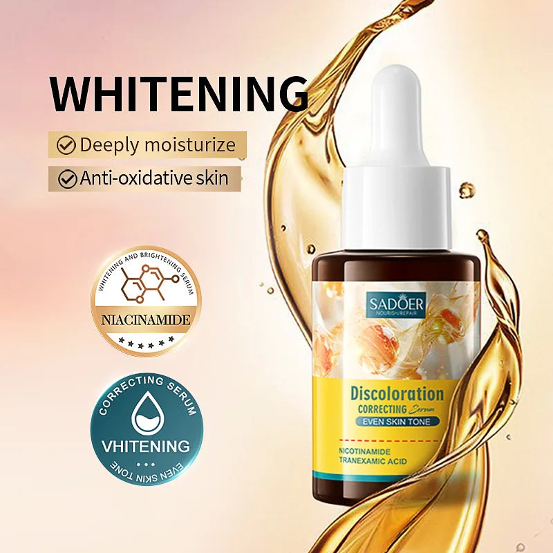 Sadoer whitening serum bottle with dropper on a beige background