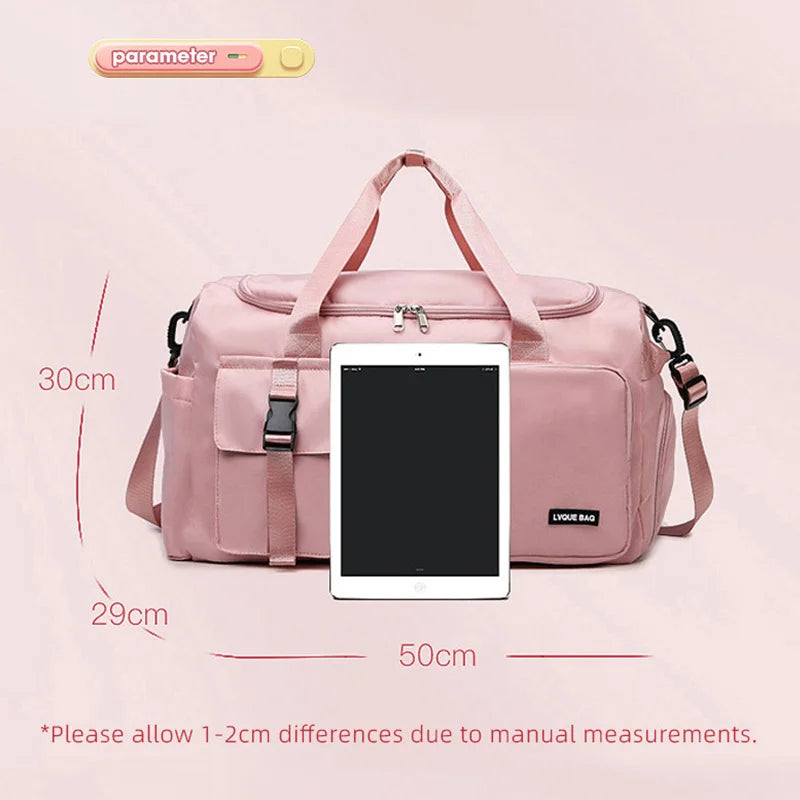 Pink duffel bag with dimensions indicated on a light pink background