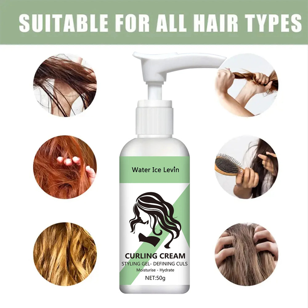 Bottle of Water Ice Levin Curling Cream with hair care images on a white background