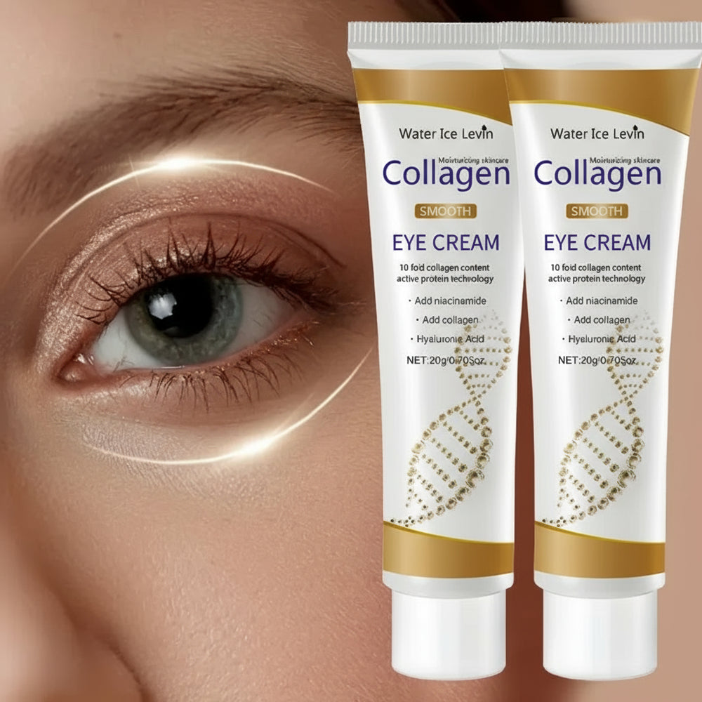 Two tubes of Water Ice Levin Collagen Eye Cream next to a close-up of an eye.
